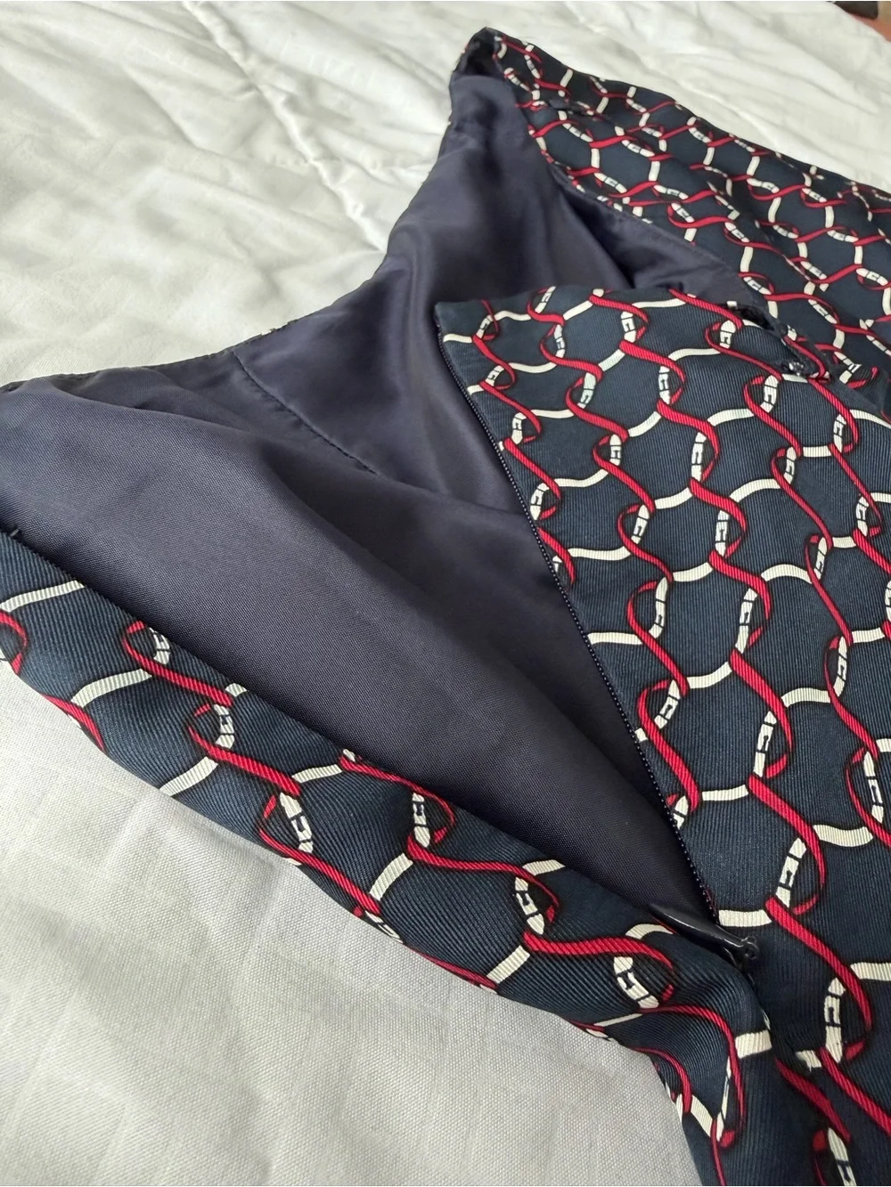 Vintage Talbots Pure Silk Printed A-Line Midi Skirt 12 Navy Red 90s Academia